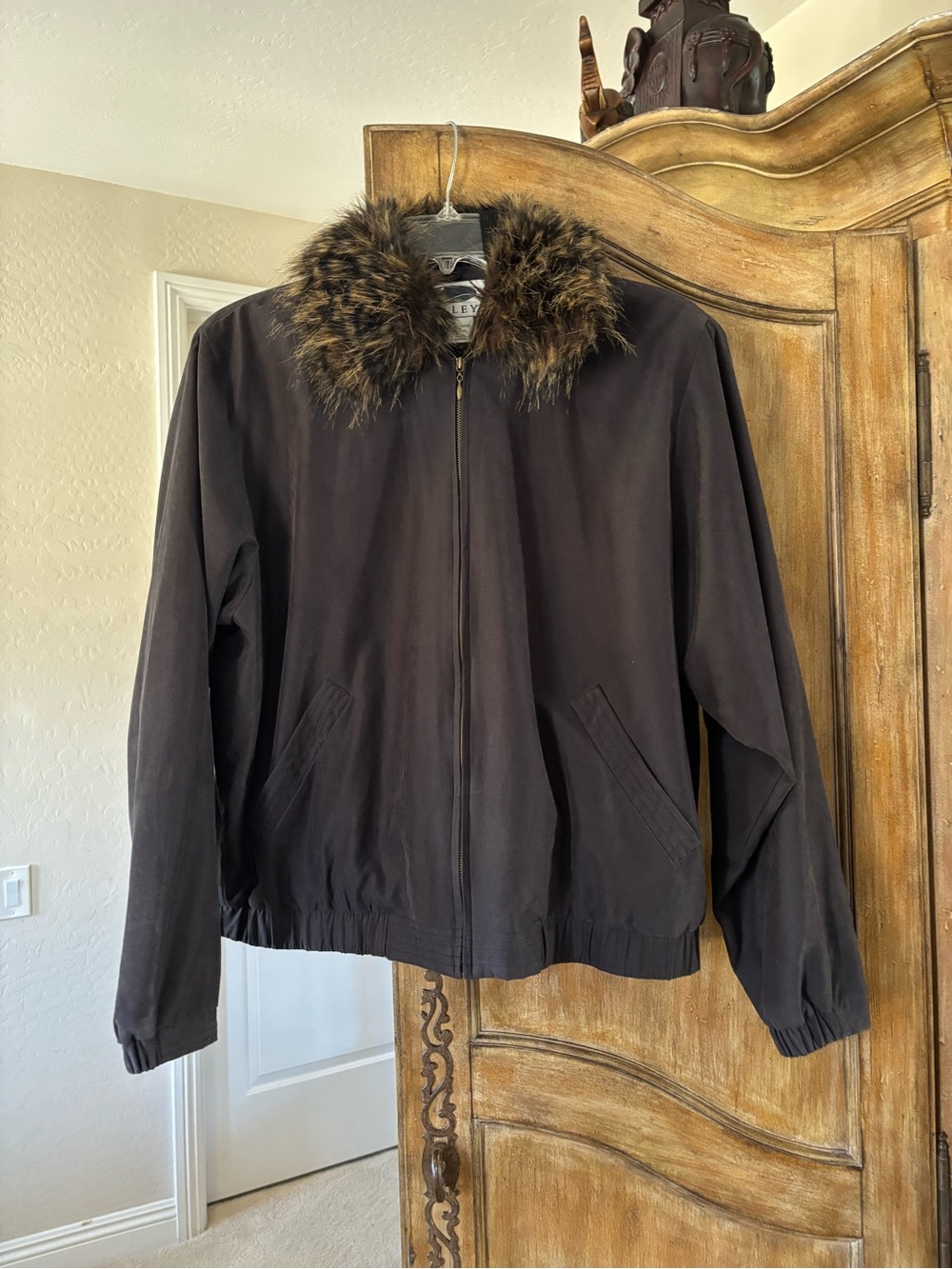 Utility Bomber Jacket with Faux Fur Collar - Dark Brown